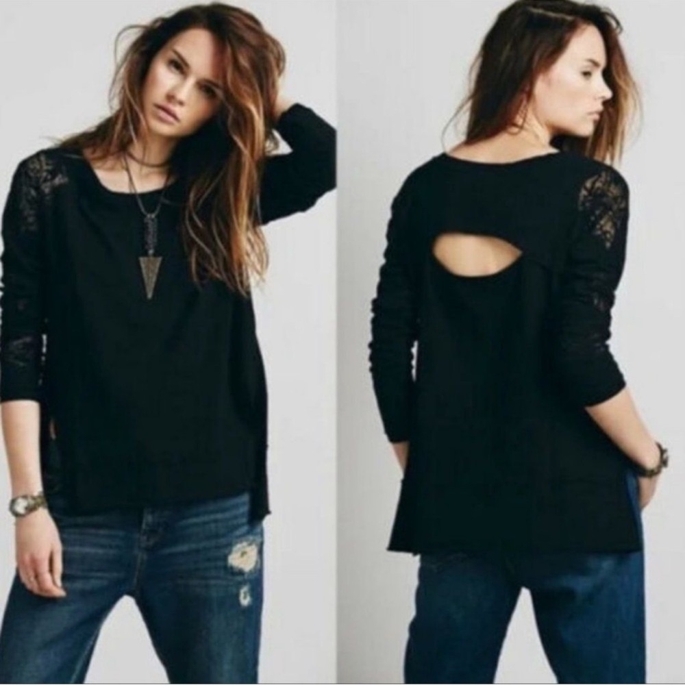 Free People Outer Sunset Long Sleeve Top XS Black Cotton